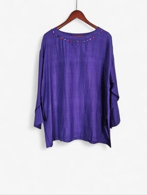 Vintage Carole Little 100% Silk Gemstone Accent Oversized Breezy Blouse Top 10